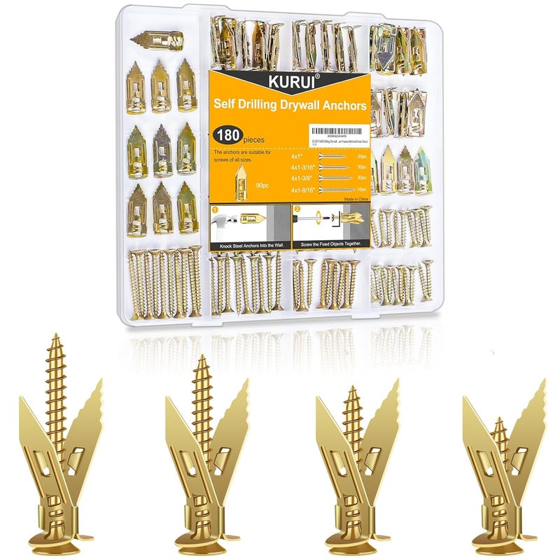 KURUI 180Pcs Self Drilling Drywall Anchors with Screws Kit, Metal & Heavy Duty Grip Anchors for Wall, Sheetrock, Expansion Anchor Assorted Sizes for Picture Frames, Shelves & Home Decor - Image 1